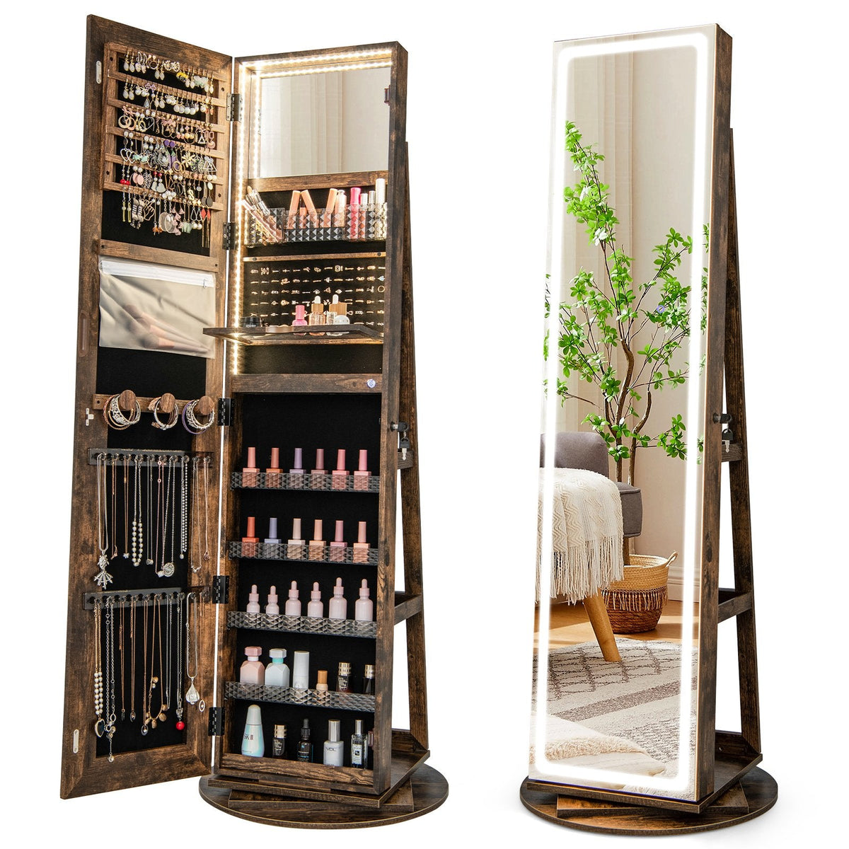 Standing Jewelry Cabinet with Adjustable LED Lights-Coffee