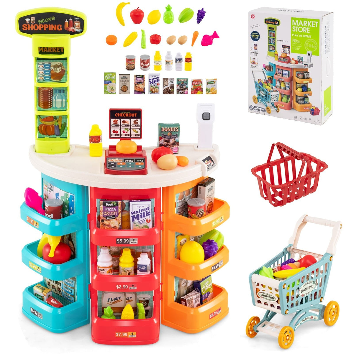 Supermarket Playset for Kids 76 PCS Pretend Play Grocery Store Set with Shopping Cart-Blue