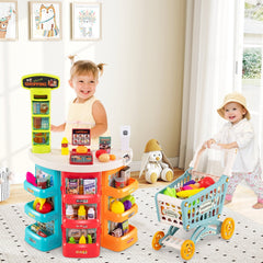 Supermarket Playset for Kids 76 PCS Pretend Play Grocery Store Set with Shopping Cart-Blue