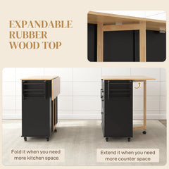 Rolling Kitchen Cart on Wheels with Drop Leaf, Kitchen Island with 3 Drawers, Solid Wood Top and Towel Rack, White