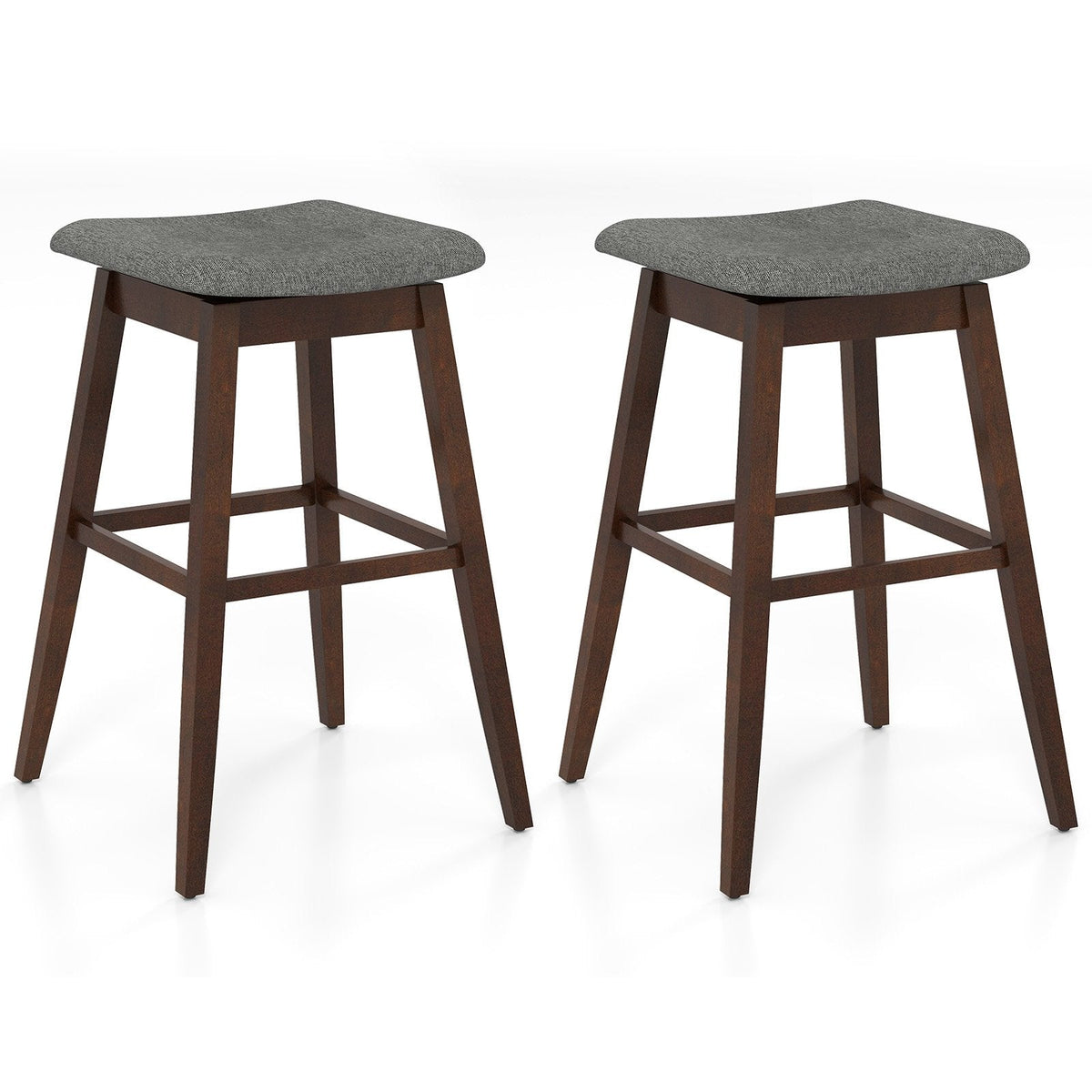 Set of 2 Backless Swivel Saddle Stools in Grey Linen on Rubber Wood Legs
