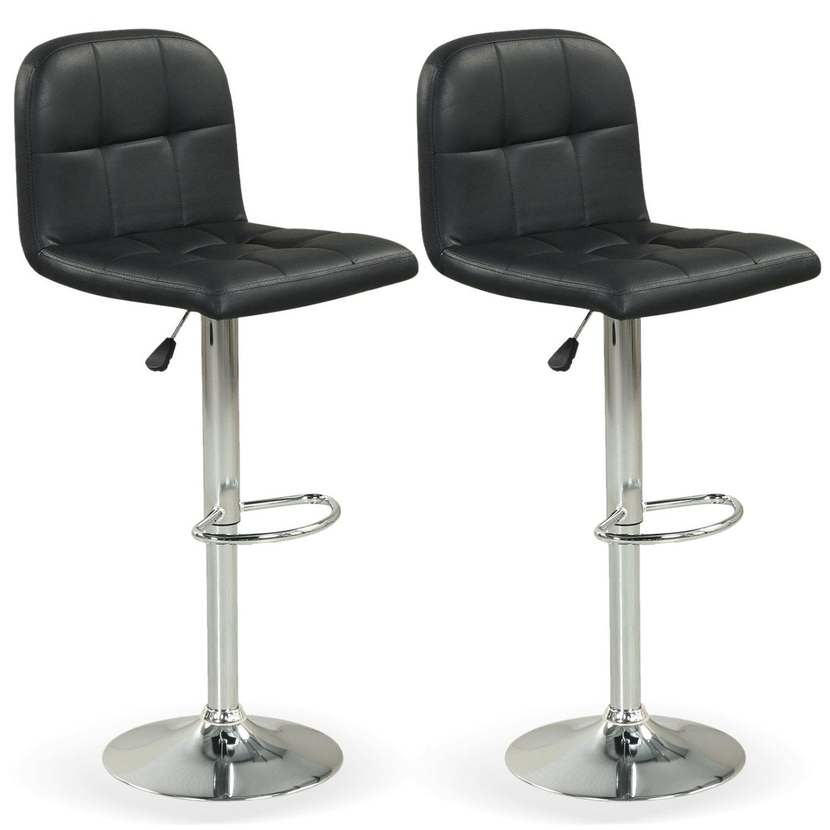 Set of 2 Gas Lift Swivel Bar Stools in Black Faux Leather, 24 to 32 Inch Seat