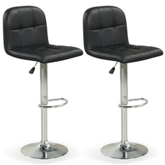 Set of 2 Gas Lift Swivel Bar Stools in Black Faux Leather, 24 to 32 Inch Seat
