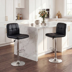 Set of 2 Gas Lift Swivel Bar Stools in Black Faux Leather, 24 to 32 Inch Seat