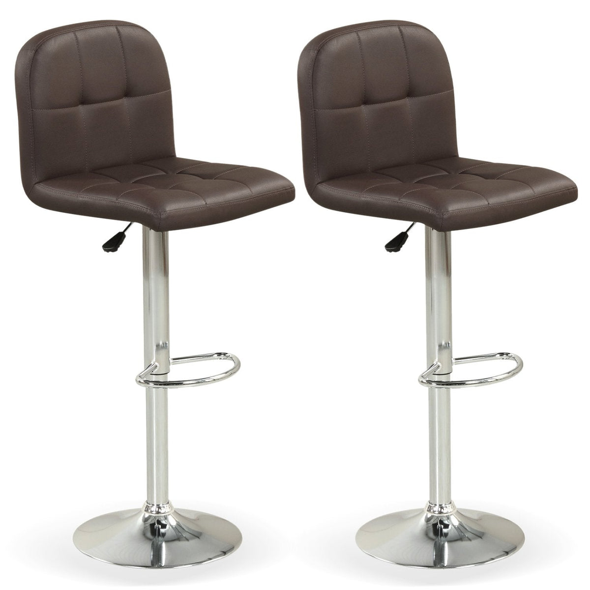 Set of 2 Gas Lift Swivel Bar Stools in Brown Faux Leather, 24 to 32 Inch Seat