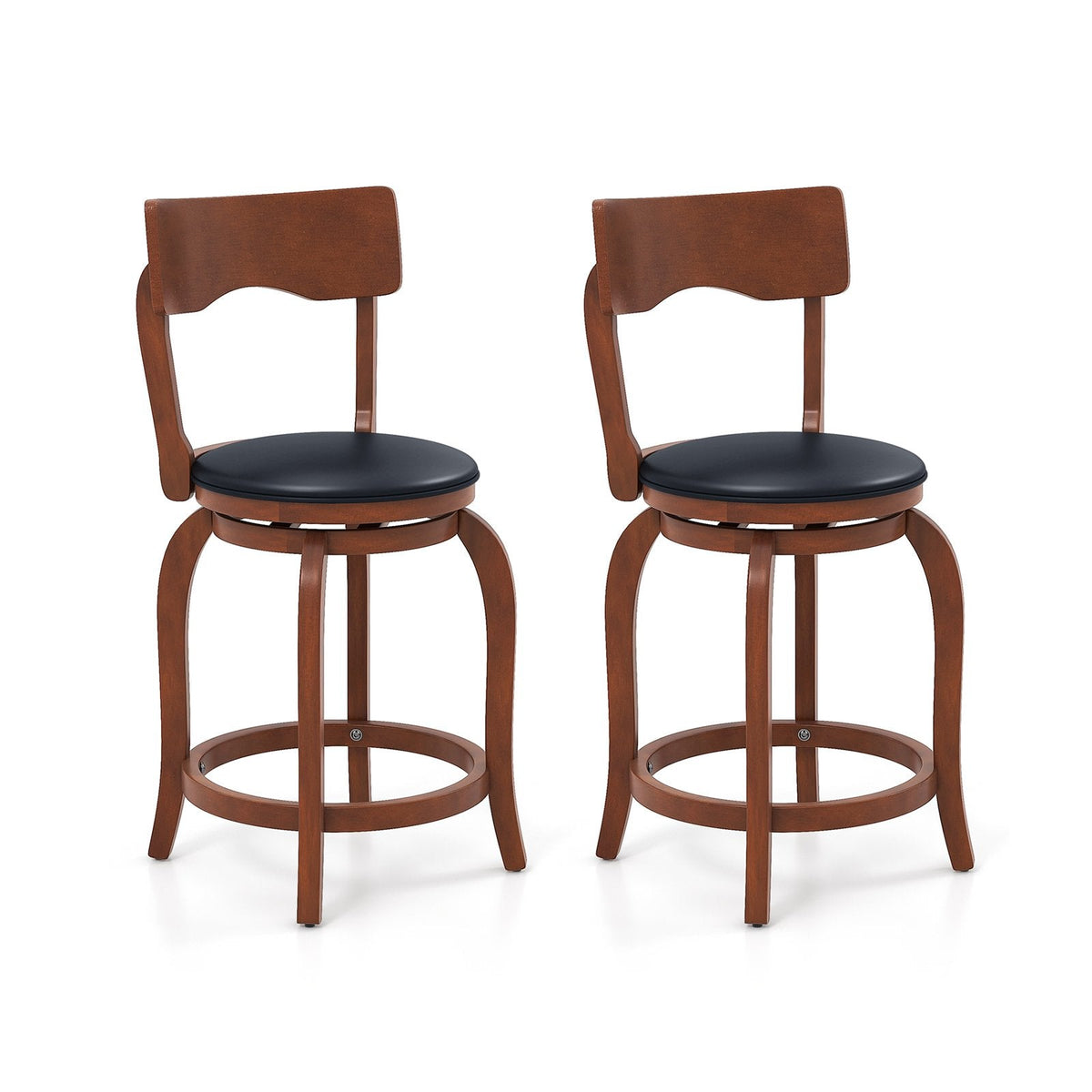 Set of 2 Curved Back Swivel Counter Stools in Espresso, 24 Inch Seat