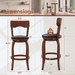 Set of 2 Curved Back Swivel Bar Stools in Espresso, 29 Inch Seat