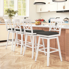Set of 4 Cross Back Swivel Bar Stools in White, 29 Inch Seats