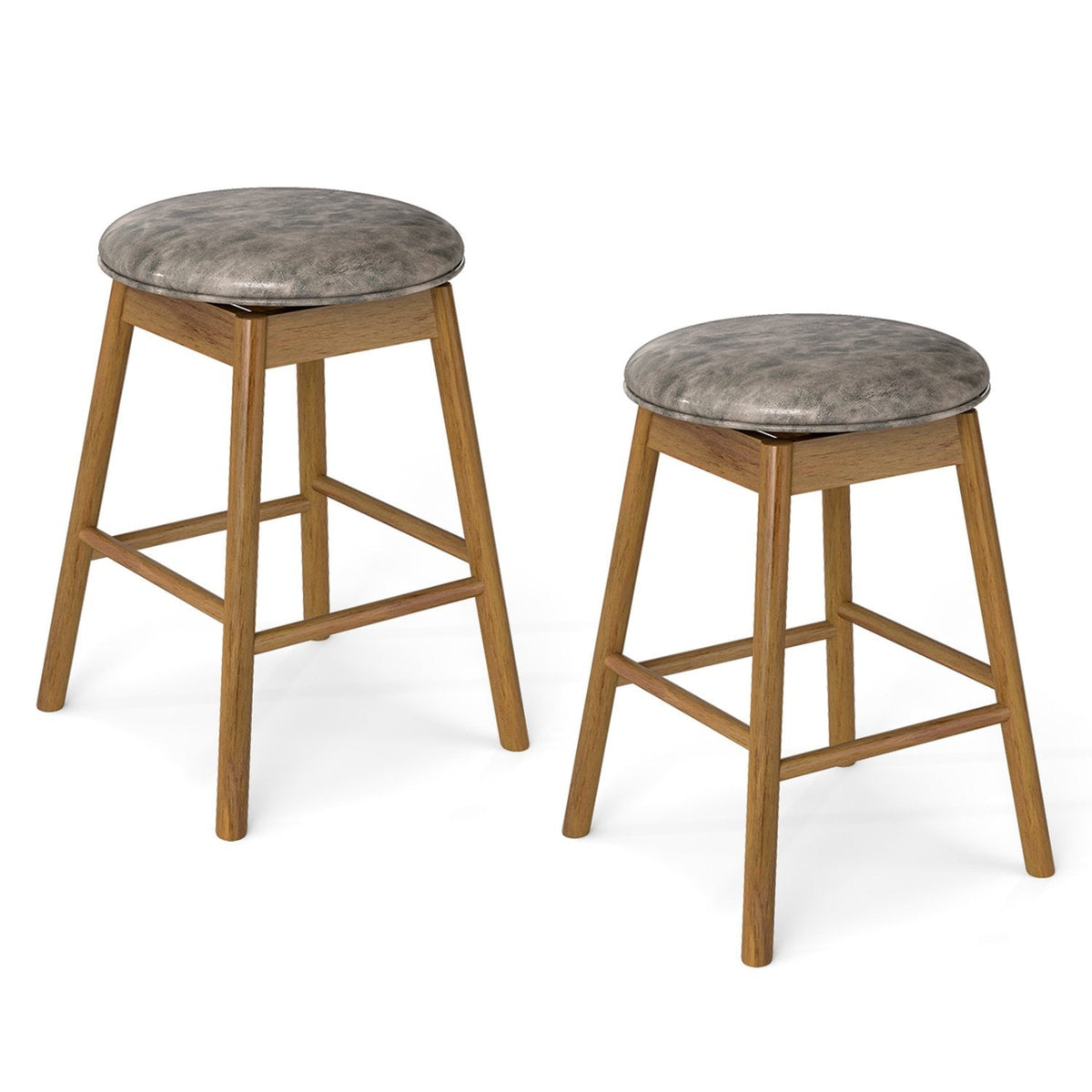 Set of 2 Backless Swivel Counter Stools with Natural Wood Legs, 25 Inch Seat
