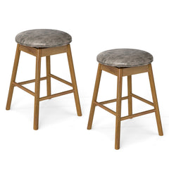 Set of 2 Backless Swivel Counter Stools with Natural Wood Legs, 25 Inch Seat