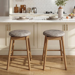 Set of 2 Backless Swivel Counter Stools with Natural Wood Legs, 25 Inch Seat