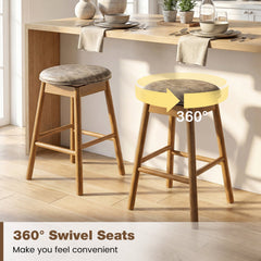 Set of 2 Backless Swivel Counter Stools with Natural Wood Legs, 25 Inch Seat