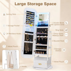 Swivel Jewelry Cabinet with Full-Length Mirror and LED Lights and Storage Shelves-White