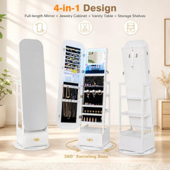 Swivel Jewelry Cabinet with Full-Length Mirror and LED Lights and Storage Shelves-White