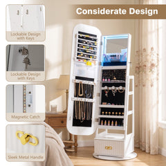 Swivel Jewelry Cabinet with Full-Length Mirror and LED Lights and Storage Shelves-White