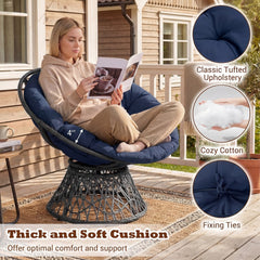 Swivel Papasan Chair Round Wicker Lounge Chair with Thick Cushion-Navy