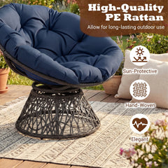 Swivel Papasan Chair Round Wicker Lounge Chair with Thick Cushion-Navy