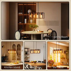 Farmhouse Kitchen Island Lighting, Linear Pendant Light with 4 Rotatable Frames and Adjustable Height, Black