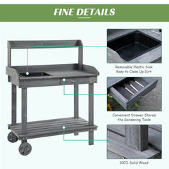 36" Wooden Potting Bench Work Table with 2 Removable Wheels, Sink, Drawer & Large Storage Spaces, Gray