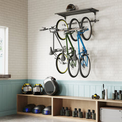 Bike Storage Rack for 5 Bikes, Wall Mounted Bicycle Rack with Shelf and Adjustable Hooks for Indoor Outdoor Use, Black