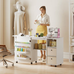 Rolling Sewing Machine Table with Power Outlet, Folding Craft Table with 2 Fabric Drawers, 2 Bins and 18 Pegs, Black