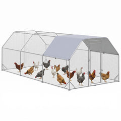 Chicken Run Outdoor, Galvanized Large Metal Chicken Coop Cage, Walk-in Enclosure Poultry Hen Run House Playpen Rabbit Hutch with Flat Roof, Cover, 9.2'x6.2'x6.5', Silver