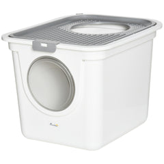 Enclosed Cat Litter Box, Easy Cleaning Kitty Litter Box with Front Entrance, Top Exit, Scoop, White