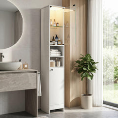 Tall Bathroom Storage Cabinet with LED Lights and Adjustable Shelves-White