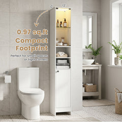 Tall Bathroom Storage Cabinet with LED Lights and Adjustable Shelves-White