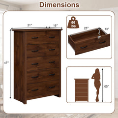Tall Storage Dresser with 5 Pull-out Drawers for Bedroom Living Room-Walnut