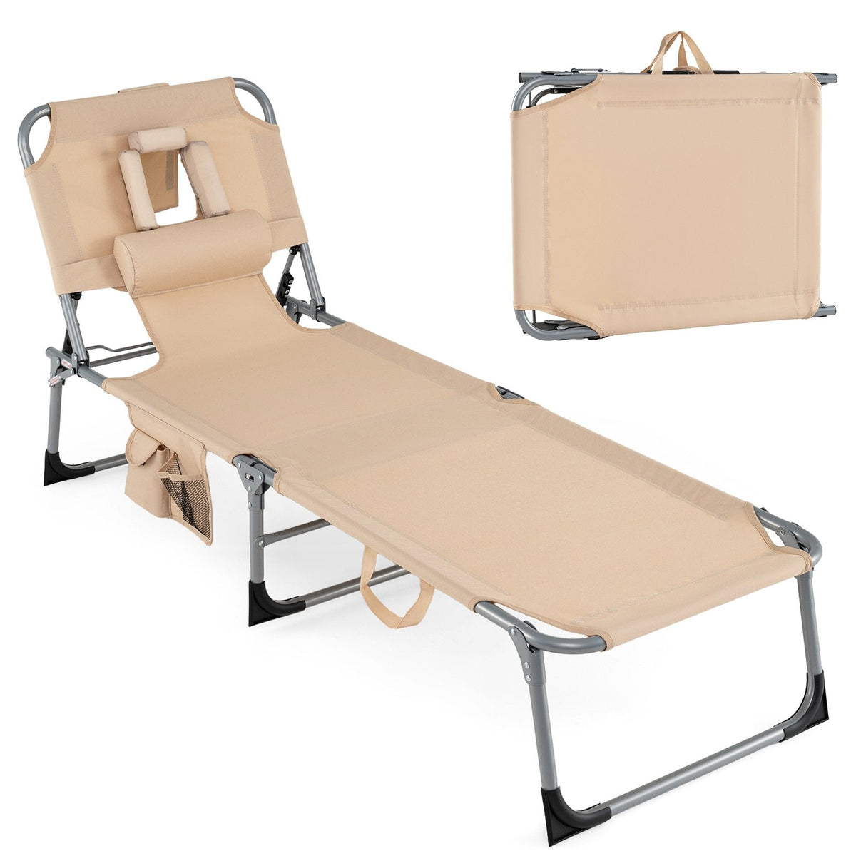 Folding Tanning Chair with Face Hole, Arm Cut Outs and 4 Backrest Positions, Beige