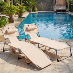 Folding Tanning Chair with Face Hole, Arm Cut Outs and 4 Backrest Positions, Beige