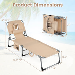 Folding Tanning Chair with Face Hole, Arm Cut Outs and 4 Backrest Positions, Beige
