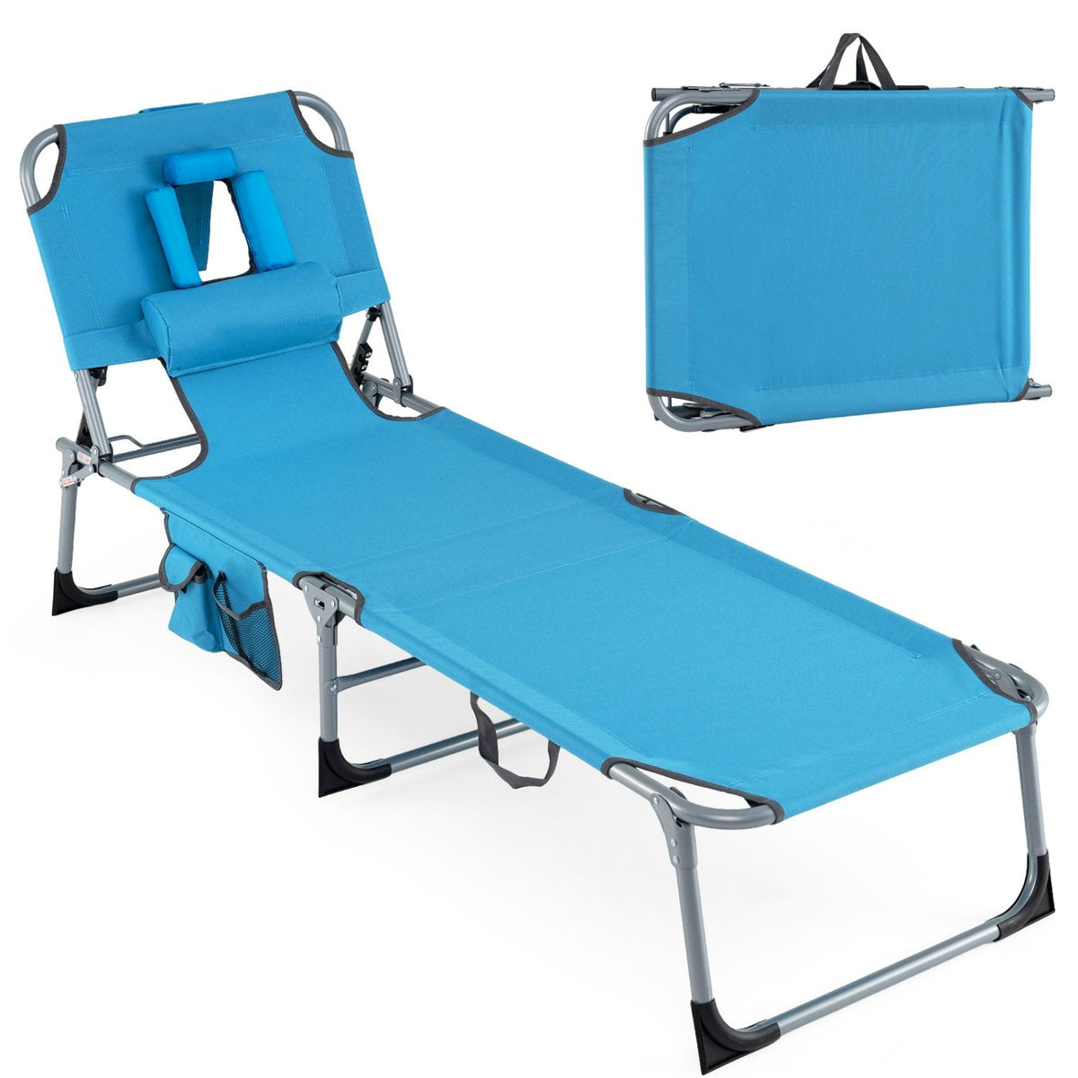 Folding Tanning Chair with Detachable Headrest and Side Pocket, Blue