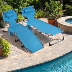 Folding Tanning Chair with Detachable Headrest and Side Pocket, Blue