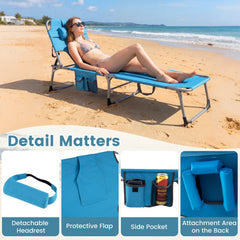 Folding Tanning Chair with Detachable Headrest and Side Pocket, Blue