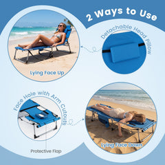 Folding Tanning Chair with 4 Level Backrest and Face Hole, Blue