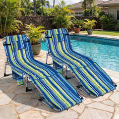 Folding Beach Tanning Chair with Shoulder Strap and Face Hole, Blue and Green Stripe