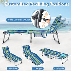 Folding Beach Tanning Chair with Shoulder Strap and Face Hole, Blue and Green Stripe