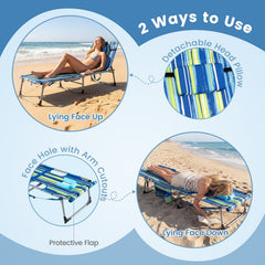 Folding Beach Tanning Chair with Shoulder Strap and Face Hole, Blue and Green Stripe