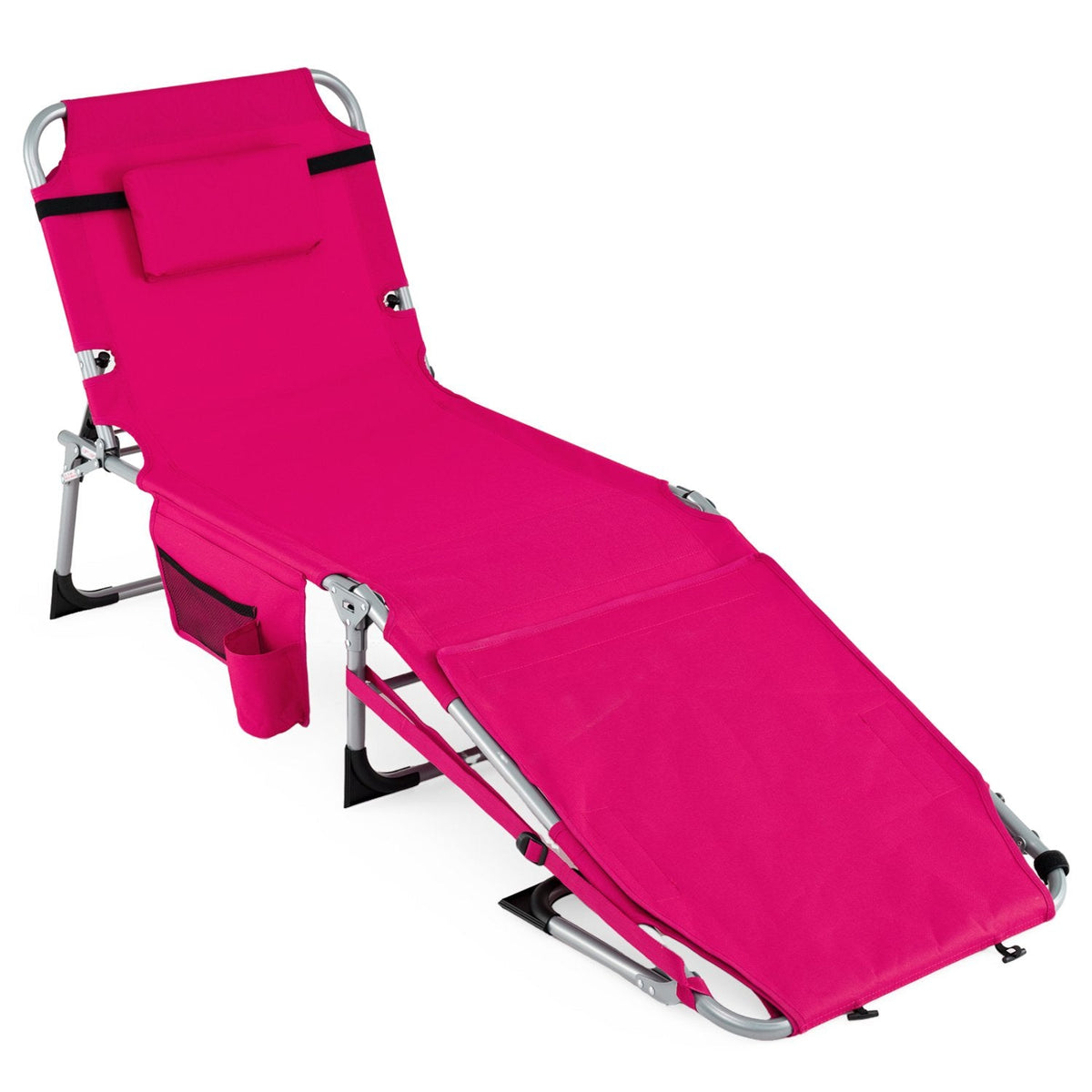 Folding Tanning Chair with Side Pocket and Detachable Head Pillow, Pink
