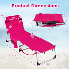 Folding Tanning Chair with Side Pocket and Detachable Head Pillow, Pink