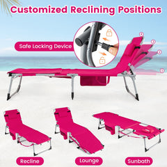 Folding Tanning Chair with Side Pocket and Detachable Head Pillow, Pink