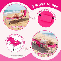 Folding Tanning Chair with Side Pocket and Detachable Head Pillow, Pink