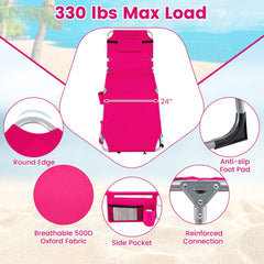 Folding Tanning Chair with Side Pocket and Detachable Head Pillow, Pink
