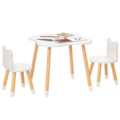 Kids Wooden Table and 2 Chairs Set, 3-Piece Dining Table with Bear Shape and Rounded Corners for 1-4 Years, White