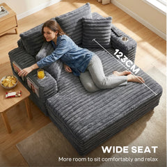 60" Chaise Lounge Chair, Oversized Upholstered Sofa Bed with Cup Holders & Pillows, Sleeper Couch for Living Room, Beige