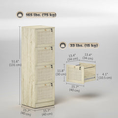 2 Drawer Filing Cabinet with Lock, Boho File Cabinet for A4 Letter Size Files with Decorative Rattan Accents, Oak