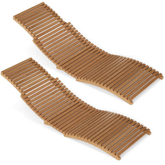 Set of 2 Teak Wood Folding Chaise Lounges with Contoured Slatted Seats