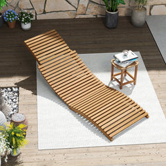 Set of 2 Teak Wood Folding Chaise Lounges with Contoured Slatted Seats